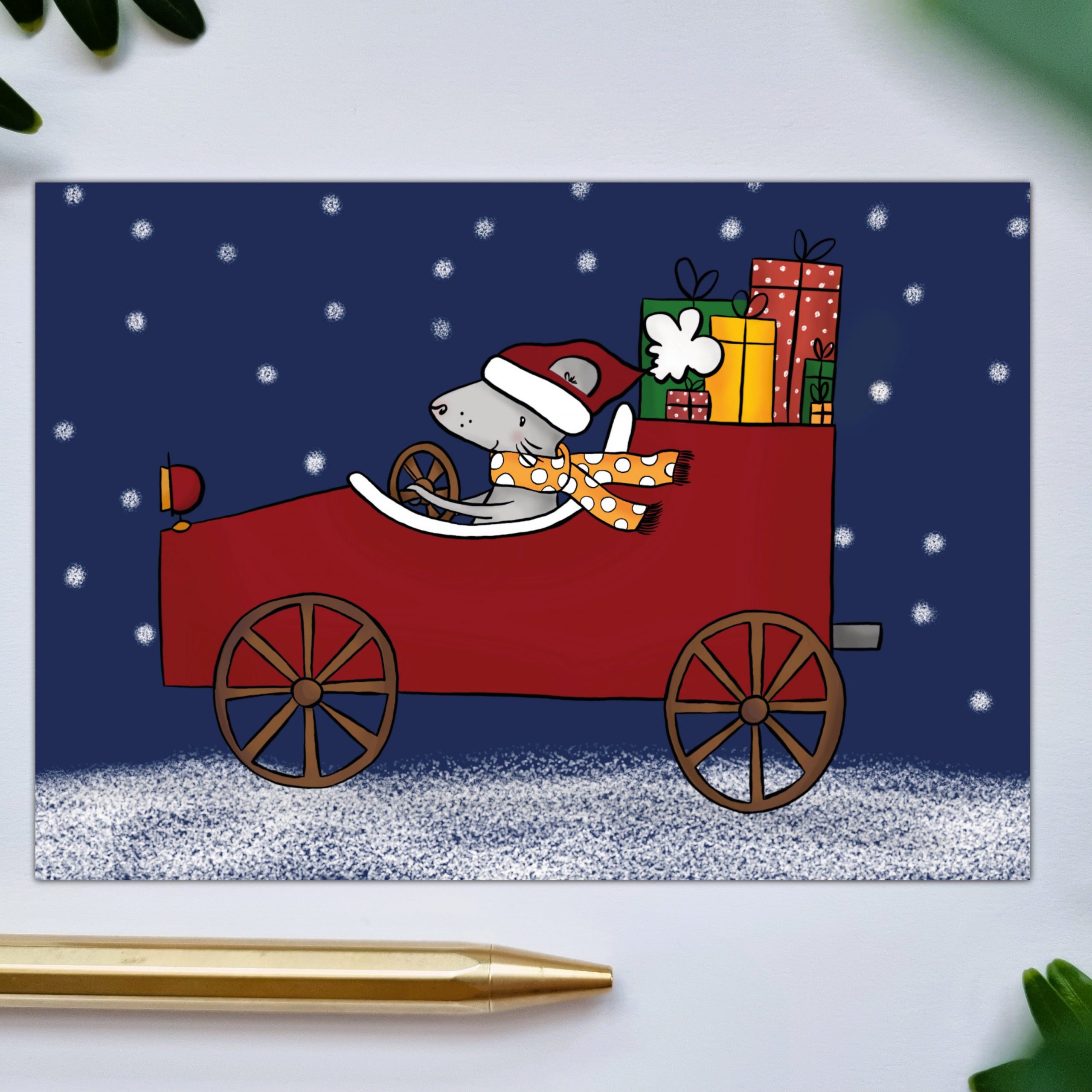 Rennmaus Frida im Weihnachtseinsatz Weihnachtskarte